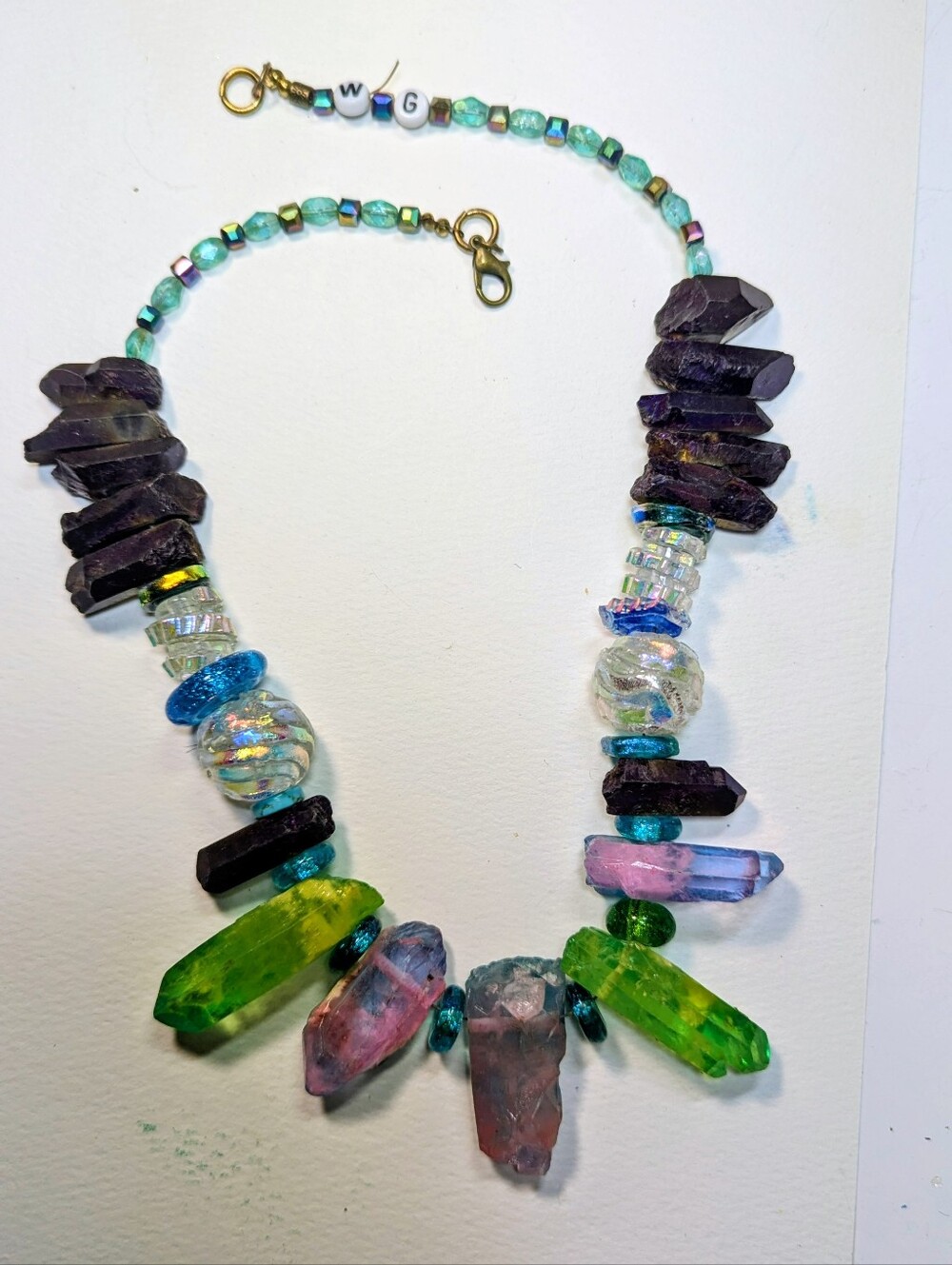 Wendy Gell crystal necklace Dyed crystals pink and green with dichroic glass.